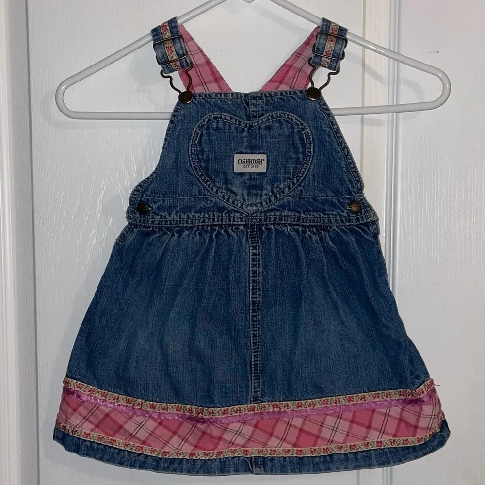 OshKosh Vtg Heart Pocket Overall Denim Dress Girls Infant 24M Y2K 2000s Pink